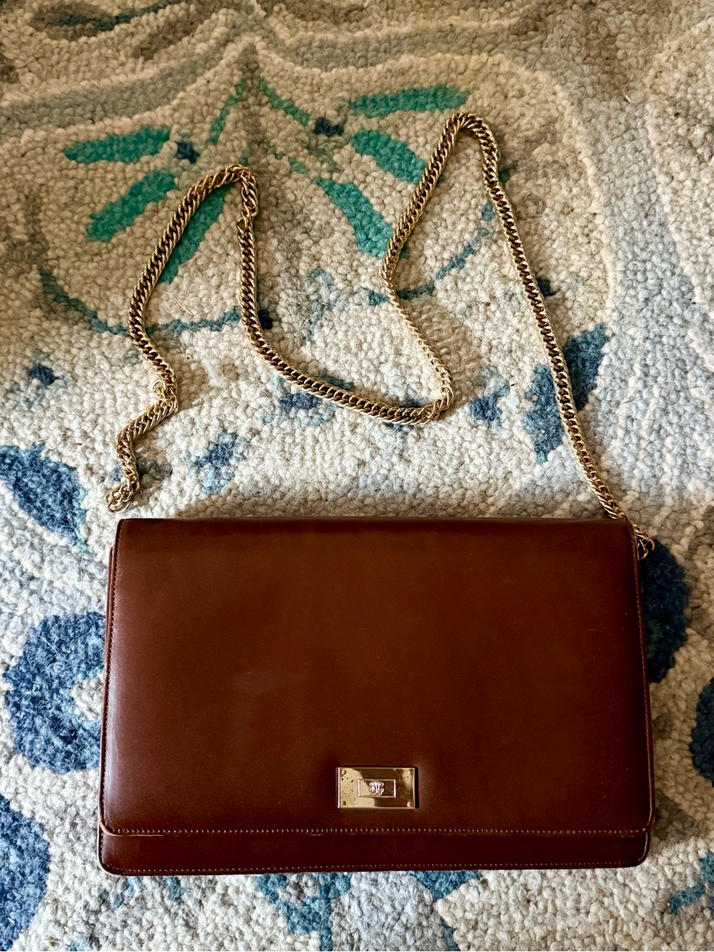 Vintage 90s Ralph Lauren Classic Brown Leather Bag with Gold Chain